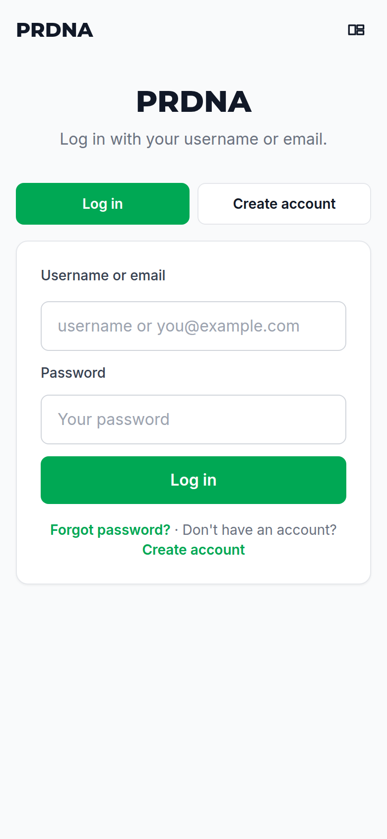 PRDNA customer sign-in on a phone